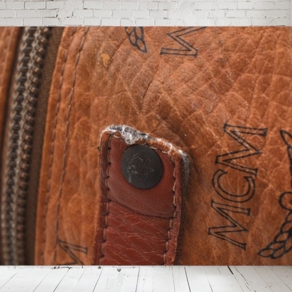 MCM Visetos Leather Boston Bag Brown Unisex Vintage - Picture 13 of 17